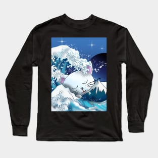 Cat sleeping behind Mount Fuji and the wave off Kanagawa Long Sleeve T-Shirt